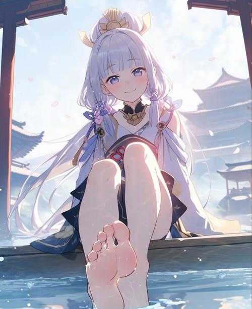 旅行者将神里绫华的脚放在掌心摩擦